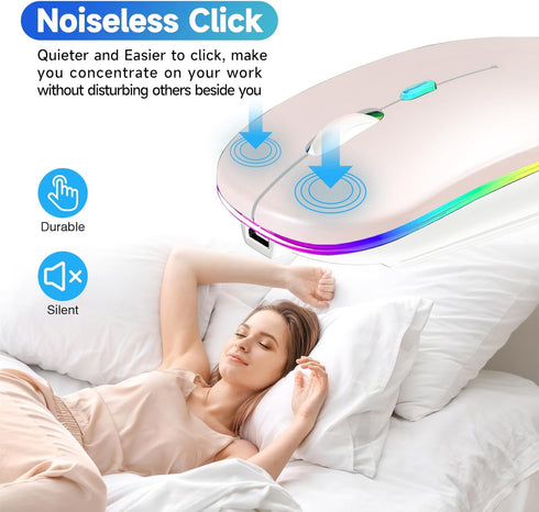 Wireless Bluetooth Mouse - Rechargeable USB Optical Mouse, LED Slim Dual Mode for Laptop, PC, Mac OS, Android (Pink)