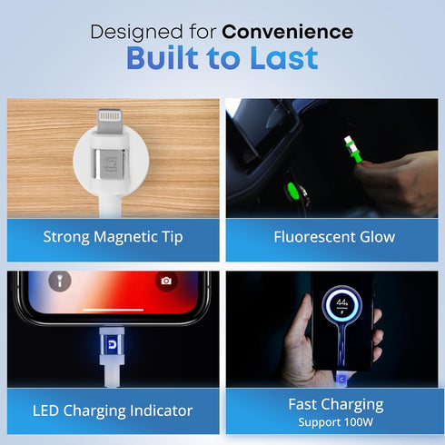 MAGNICPRO 3ft 514 LED Phone Lightning Cable with Magnetic Tip, Magnetic Cord Holder & Blue Night Glow Light Durable