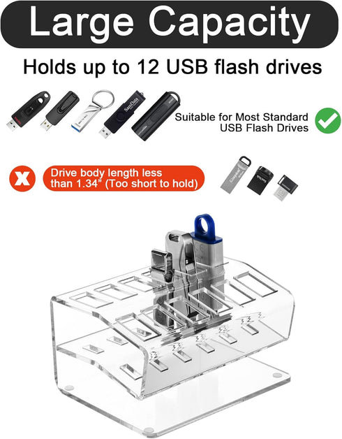 USB Flash Drive Holder Stand, Acrylic Storage Organizer for up to 12 USB Memory Sticks - Clear