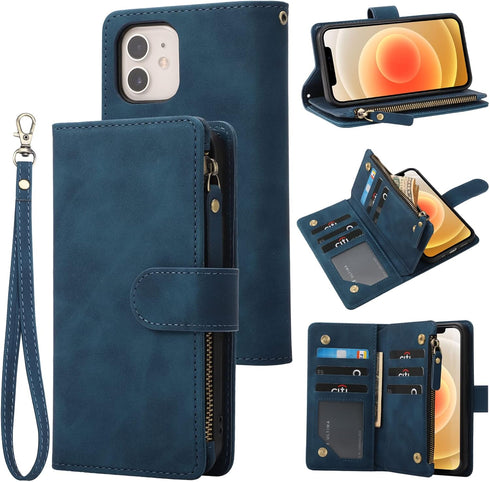 RANYOK Blue Wallet Case for iPhone 12/12 Pro (6.1 inch), Premium PU Leather Zipper Flip Folio with RFID Blocking