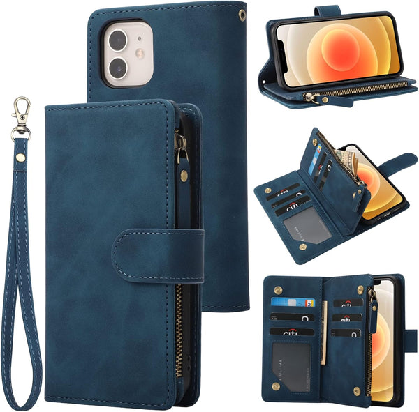 RANYOK Blue Wallet Case for iPhone 12/12 Pro (6.1 inch), Premium PU Leather Zipper Flip Folio with RFID Blocking
