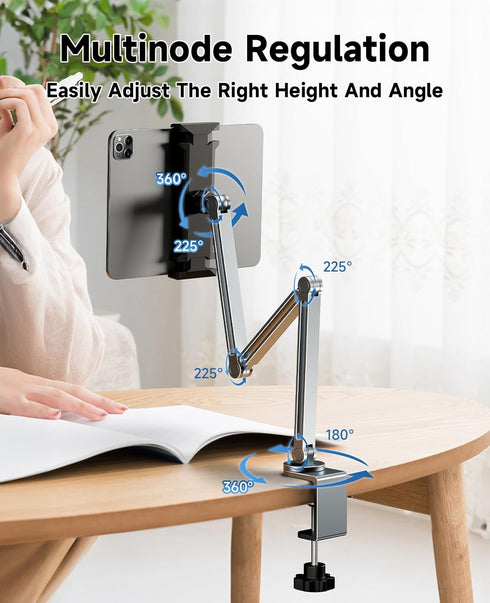 YICOSUN 360 Tablet Arm Mount with Super Grip, Adjustable Foldable Holder & Heavy Duty Aluminum Rotating Clamp for iPad
