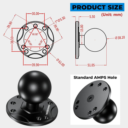 1.5" Ball Mount with Aluminum Alloy Round Plate, Universal Mounting Base with AMPS Holes for Garmin, Lowrance,