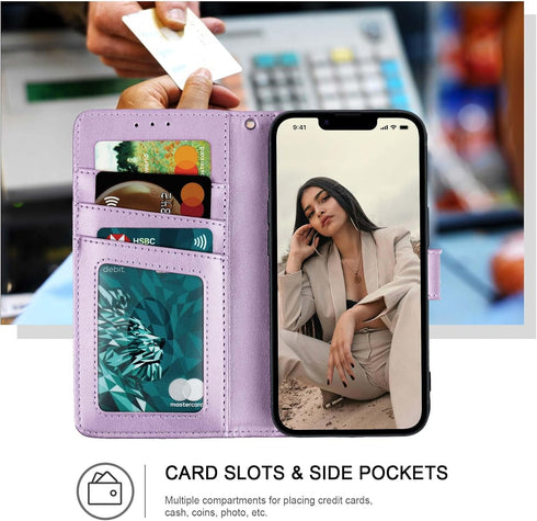 RFID Blocking Wallet Case for iPhone XR, Purple, 3 Card Holder Stand, Magnetic Protective Flip Cover