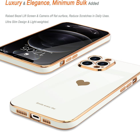 Teageo Cute Love-Heart Case for iPhone 12 Pro Max, White, Luxury Bling Soft Back Cover with Raised Camera Protection