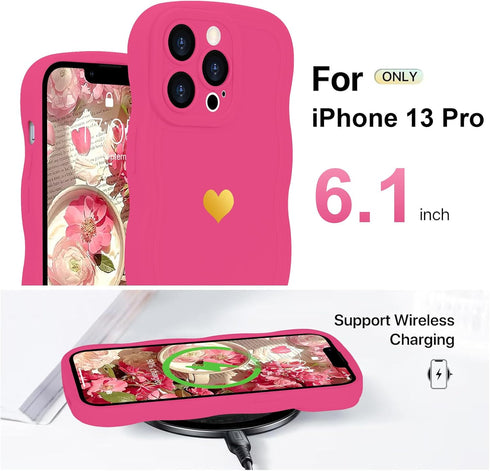 Cute Heart Simple Wave Frame Case for iPhone 13 Pro, Aesthetic Design Solid Color TPU Silicone Slim Cover (Rose Red)