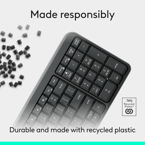 Logitech K250 Bluetooth Keyboard with Numpad, Easy Connectivity, Compact Wireless Keyboard Made with Recycled Plastic