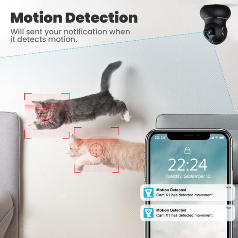 litokam 2K Indoor Security Camera, 360° Motion Detection Pet Camera with Phone App