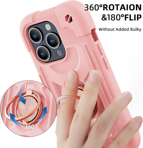 iPhone 15 Pro Case 6.1" - Rugged Military-Grade Shockproof Cover with Ring Stand, Glass & Camera Lens Protectors (Pink)