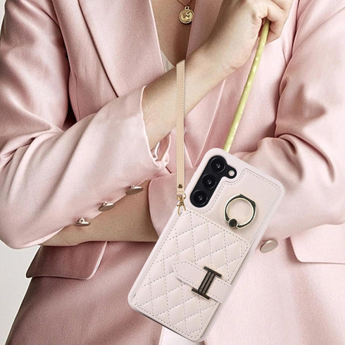 Samsung Galaxy S23 5G Wallet Case with Screen Protector, Ring Stand, Card Holder, Lanyard - Beige for Men & Women.