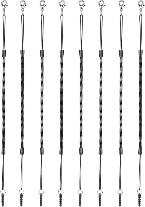 Elastic Tether Lanyards (Pack of 8) for Stylus Pens with Top Port, Retractable Coiled Spring Lobster Clasp Hook Earphone Jack (Black)
