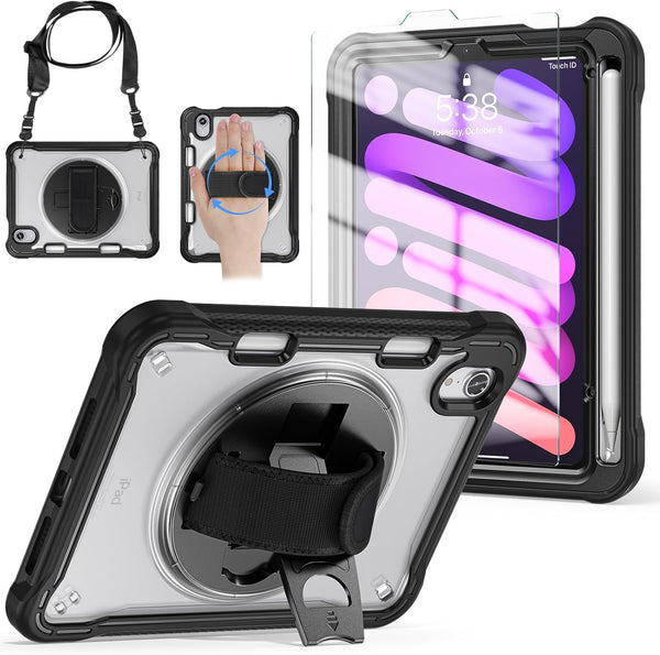 BRAECNstock iPad Mini 6 Case 8.3 inch 2021, Shockproof Cover with Screen Protector, Pencil Holder, 360 Rotate Stand,