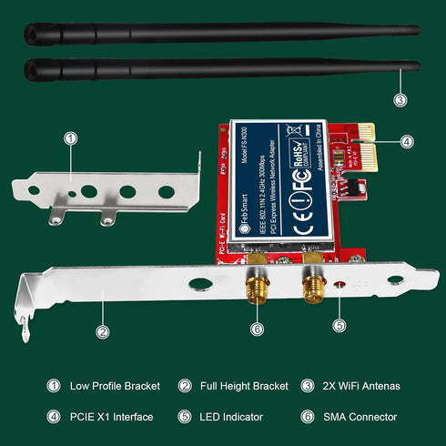 Wireless N 2.4GHz 300Mbps PCIE Wireless Network Adapter for Windows and Linux PCs, PCIE WiFi Card