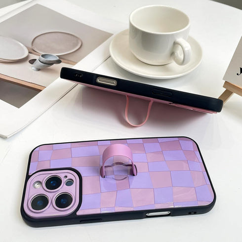 SOKAD 16 for iPhone Pro Case with Finger Strap Kickstand, Cute Checkered Checkerboard Phone Case with Finger Hand