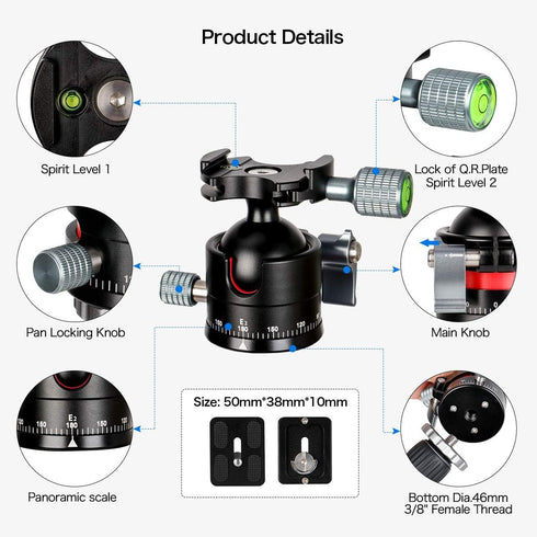 Koolehaoda Tripod Head Low Profile Ball Head, F36mm Metal Panorama Ball Head with 1/4" Screw Arca Swiss Quick Release Plate for DSLR Camera Tripod Monopod, Max Load 33lbs / 15KG -(E2)