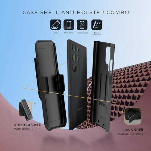 Samsung Galaxy S24 Ultra Case - MOTIVE 3 in 1, Military Grade Protection, 2X Screen Protector, Shockproof Holster,