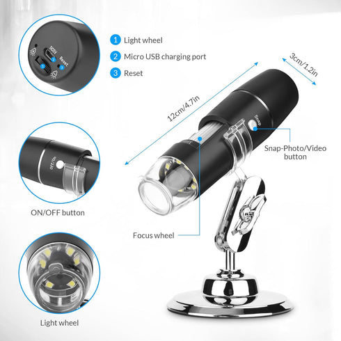 Handheld Digital Microscope Wireless Portable for Kids Adults 50x-1000x Magnification with 360 Rotate Stand