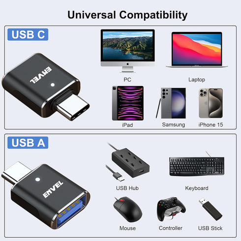 ENVEL USB C to USB Adapter, 4 Pack USB 3.0 to USB C OTG Converter, Compatible with iPhone, Galaxy, iPad