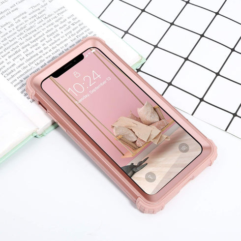 IDweel iPhone XR Case, Rose Gold 3-in-1 Shockproof Hybrid Cover with Tempered Glass Screen Protector for Women.