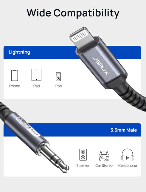 JSAUX 6FT Lightning to 3.5mm Audio Cord, Apple MFi Certified Aux Cable for iPhone 14/13/12/11/X - Grey