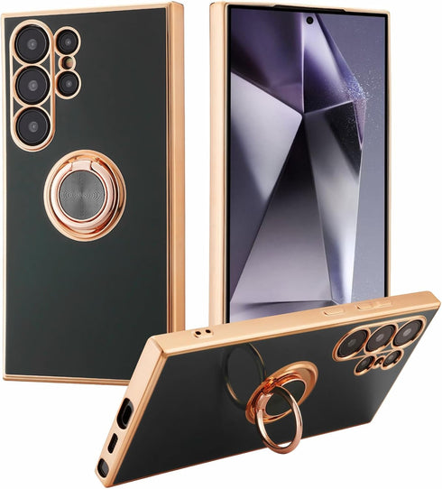 Samsung Galaxy S24 Ultra Shockproof Case, Slim Soft Protective Cover with 360° Rotatable Ring Holder, Black, Rose Gold