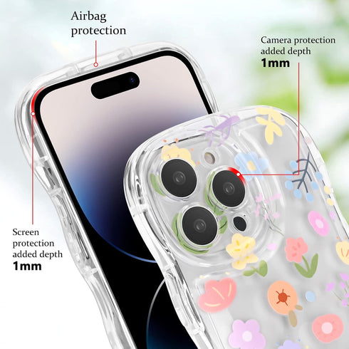 Cute Colorful Flower Curly Wave Clear Case for iPhone 14 Pro Max with Lovely Flower Bracelet Chain