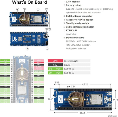 waveshare L76K GNSS Module, Compatible with Raspberry Pi Pico, Supports GPS, BeiDou (BDS), GLONASS, and QZSS, Features