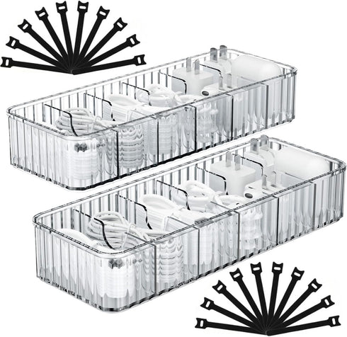 Cable Storage Boxes Organizers 2 Pack, Stackable Cord Charger Storage Organizer Box Case with 20pcs Cable Ties, Clear