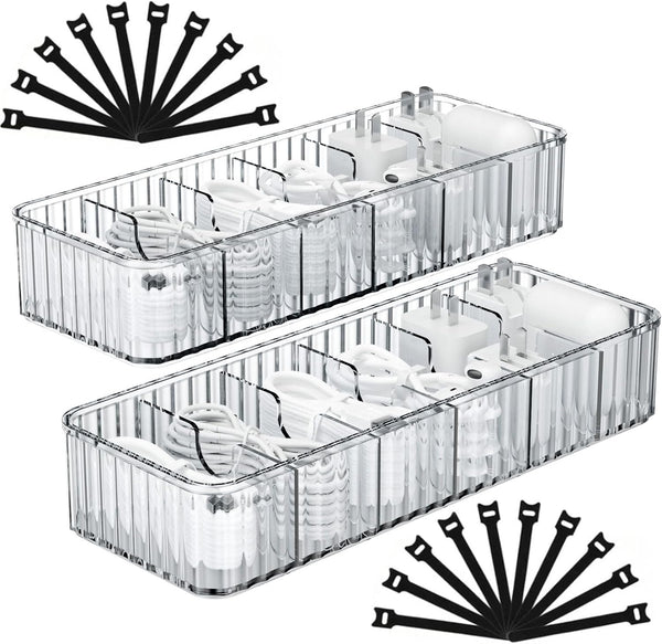 Cable Storage Boxes Organizers 2 Pack, Stackable Cord Charger Storage Organizer Box Case with 20pcs Cable Ties, Clear