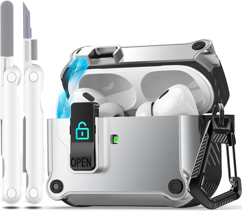 R-fun AirPods Pro 2nd Generation 2023 (USB-C) & 2022 (Lightning), Full Drop Protection with Cleaner Kit, Silver