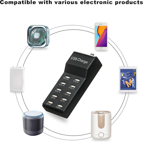 50W USB Charging Station with 10-Port Smart USB Ports for Multiple Devices - Family-Sized for iPhone 15/14/13 Black