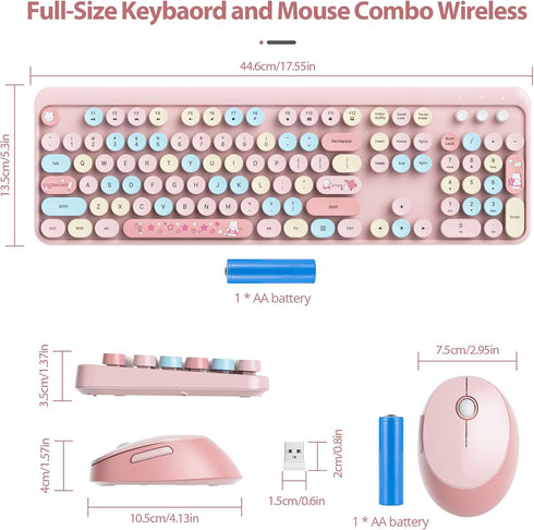 Fogruaden Pink Wireless Keyboard and Mouse, Retro Typewriter 104 Keys Full Size Cute Keyboard with Number Pad