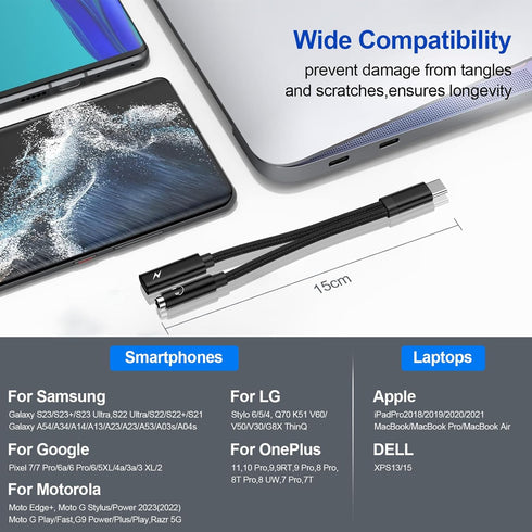 USB C to 3.5mm Adapter for Samsung Galaxy S24 S23 FE S22 S21 S20 Ultra, Google Pixel 7A 8 7 6 Pro, 2 in 1 Dongle