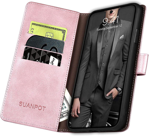 SUANPOT Samsung Galaxy A52 4G & 5G Wallet Case, RFID Credit Card Holder, PU Leather Flip Folio Cover (Rose Gold)