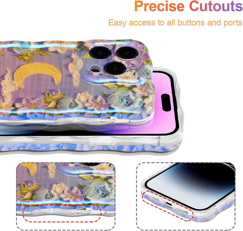 EYZUTAK iPhone 13 Pro Max Case, Colorful Retro Oil Painting Flower Moon Pattern, Stylish Durable TPU Cover - Purple