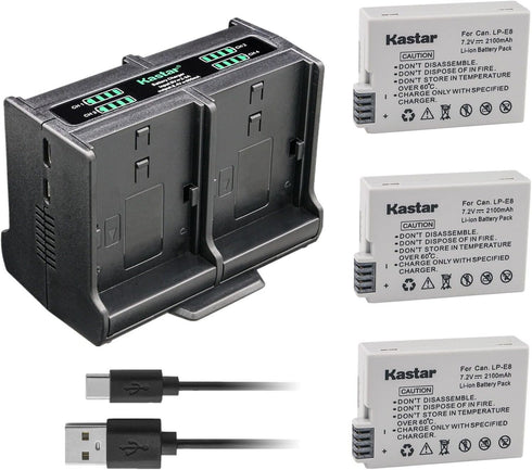 Kastar 3-Pack Battery and Quadruple Charger - Compatible with Canon EOS Rebel T2i to T5i Cameras