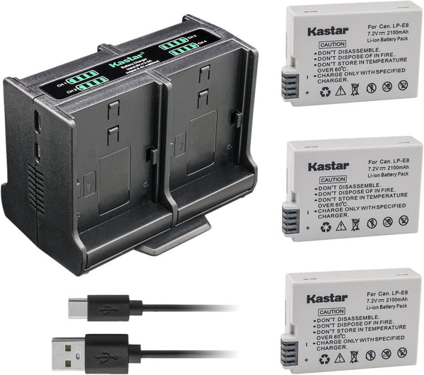 Kastar 3-Pack Battery and Quadruple Charger - Compatible with Canon EOS Rebel T2i to T5i Cameras