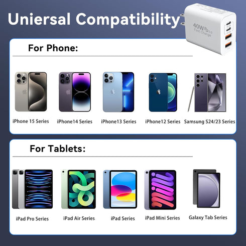 USB C Wall Fast Charger Block, 40W 4-Port Type C Charger, Fast Charging Blocks PD Power Charger Adapter + QC 3.0 USB