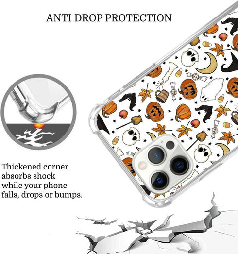 Autumn Fall Leaves Pumpkin Pattern Case for iPhone 14 Pro Max, Retro Halloween TPU Bumper Cover for Women Men