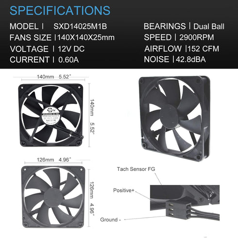 140mm Waterproof Cooling Fan, 140X140X25mm Dual Ball Bearing 12V 2900RPM for Computer Case PSU Chassis Cabinets