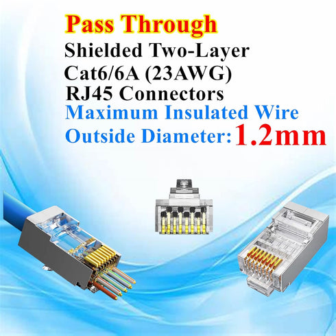 100-Pack RJ45 Pass Through Connectors, Cat6 Cat6A Shielded Ends for 23AWG Solid Wire and Standard Cable