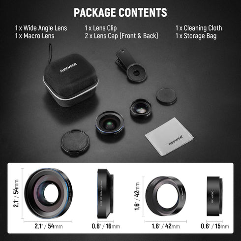 NEEWER 2 1 0.45x 15x 37mm LS-67 Basics in Phone Camera Lens Accessories Kit, HD Wide Angle + Macro, Lens Clamp