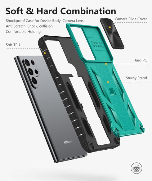 Case for Samsung Galaxy S22 Ultra: Rugged Protective Mobile Phone Cover with Kickstand & Slide - Green