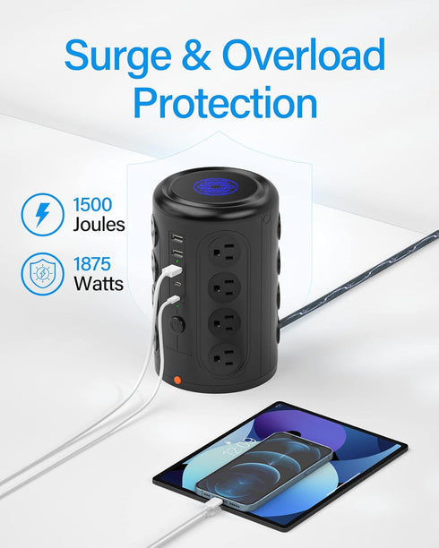 Surge Protector Power Strip 10 FT Cord, TenTrend Tower with 16 Outlets and 5 USB Ports for Home Office