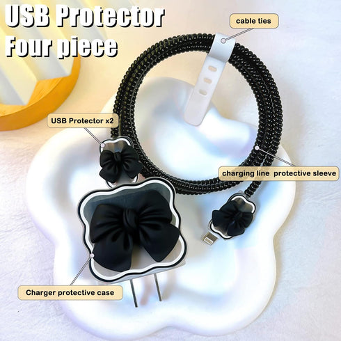Kawaii Phone Cable Protector for iPhone 18W/20W USB-C Charger, Clear Soft Protective Case Data Line Cover, Black
