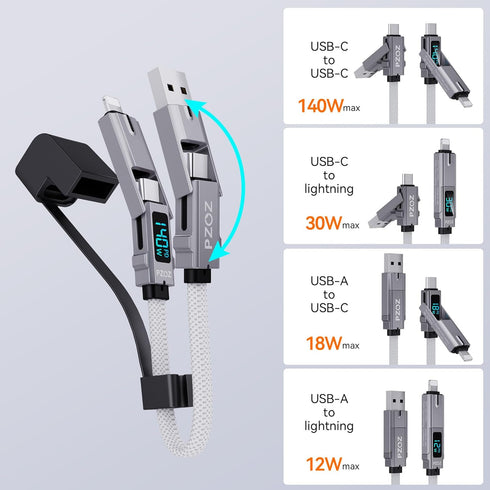 pzoz Portable Keychain Charger Short Cable with LED Display, 4-in-1 Multi USB C Fast Charging Combo Lightning/Type C/USB A/USBC Ports for iPhone iPad MacBook AirPods Samsung Google (140W, 7.3 inchs)