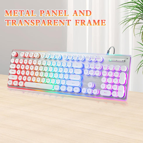 Typewriter Style Keyboard, 104 Keys USB Wired Retro with Metal Panel, Rainbow LED Backlit, Spill Resistant for
