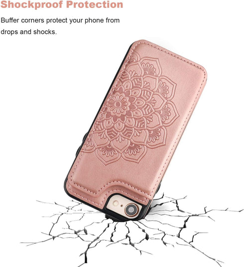 Vaburs Wallet Case for iPhone SE(2022)/SE(2020)/8/7, Card Holder, Embossed Mandala Pattern, Rose Gold