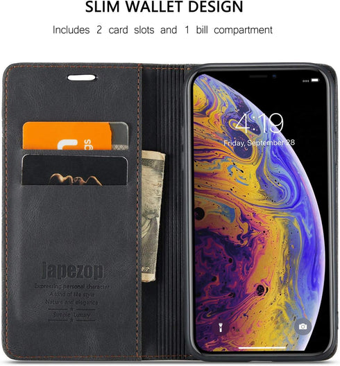 japezop iPhone Xs/iPhone X Wallet Case, RFID Blocking Card Holder, Premium Leather with Magnetic Kickstand, Black