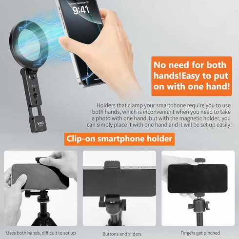 VRIG 1/4" MG-23 Magnetic Phone Tripod Mount for iPhone, Foldable Metal Phone Holder with Double Screw Holes and Cold